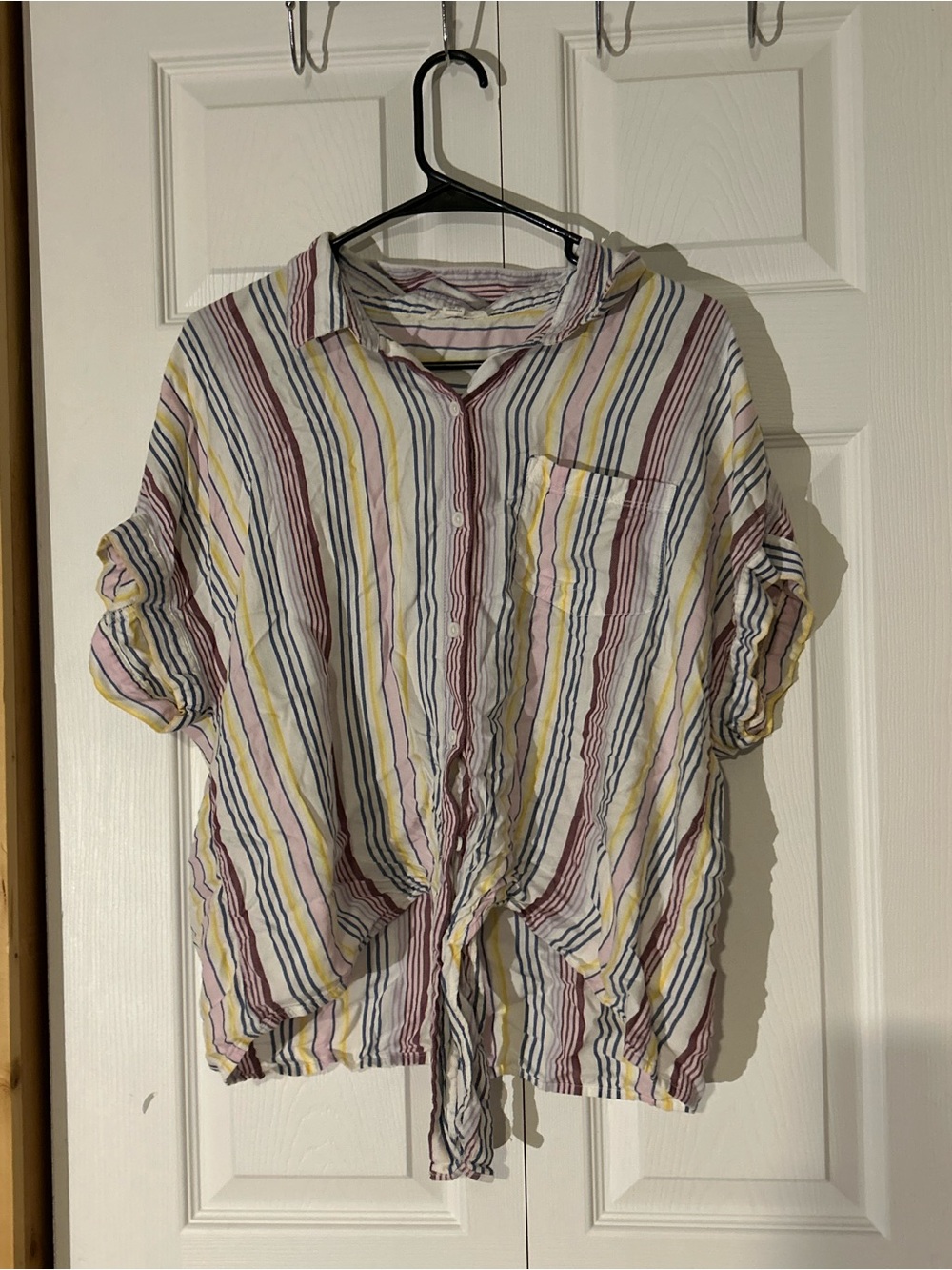 beachlunchlounge Striped Tie-Front Short Sleeve Top in White, Yellow, Blue, Pink
